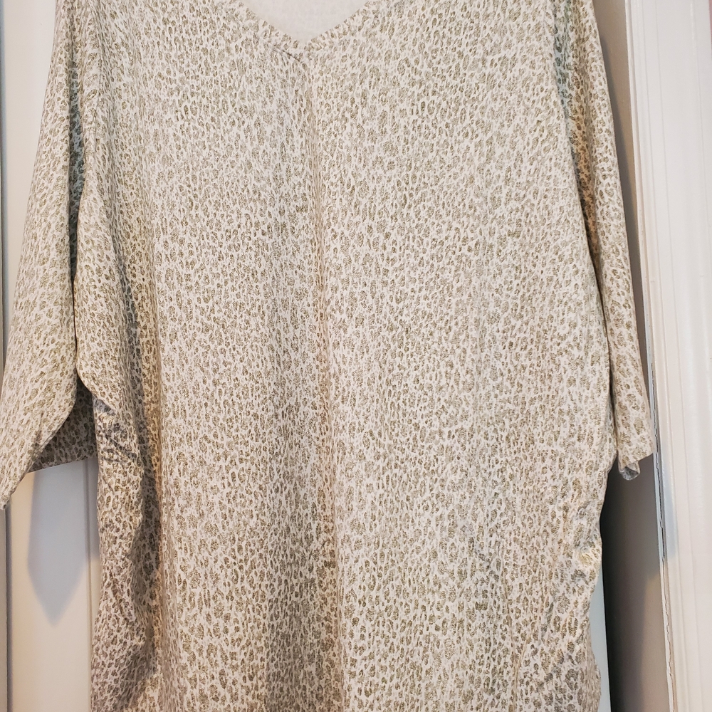 Belle by Kim Gravel Cream and Khaki Green animal Patterned V-Neck Blouse